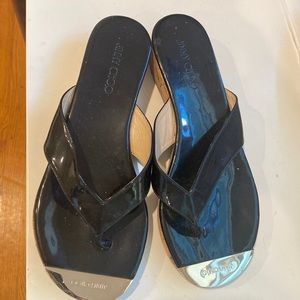 Jummy Choo original cok sandals black patent leather with gold tip in excellent